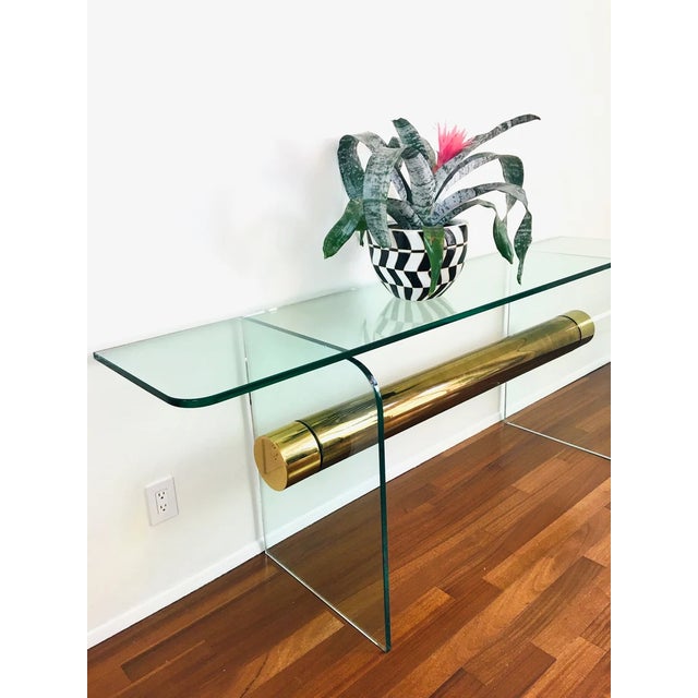 Metal Vintage 1970s Pace Glass Console Table With Suspended Brass Beam Mid Century Modern For Sale - Image 7 of 11