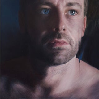 Sergei by Viktoria Savenkova | Oil on Canvas Portrait of a man with blue eyes For Sale