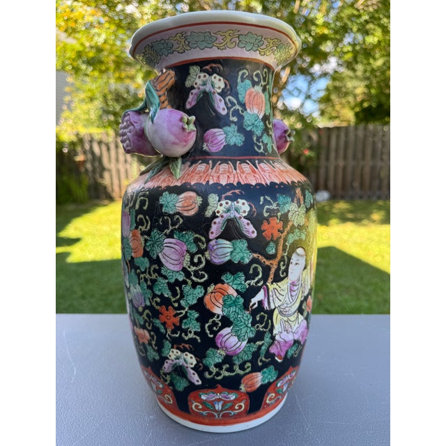 Vintage Chinese Ceramic Vase W/Butterflies, Flowers & Pomegranate Fruit Handles For Sale - Image 15 of 16
