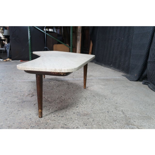Mid Century Modern Sculptural Travertine Stone Walnut Boomerang Coffee Table MCM For Sale - Image 4 of 15