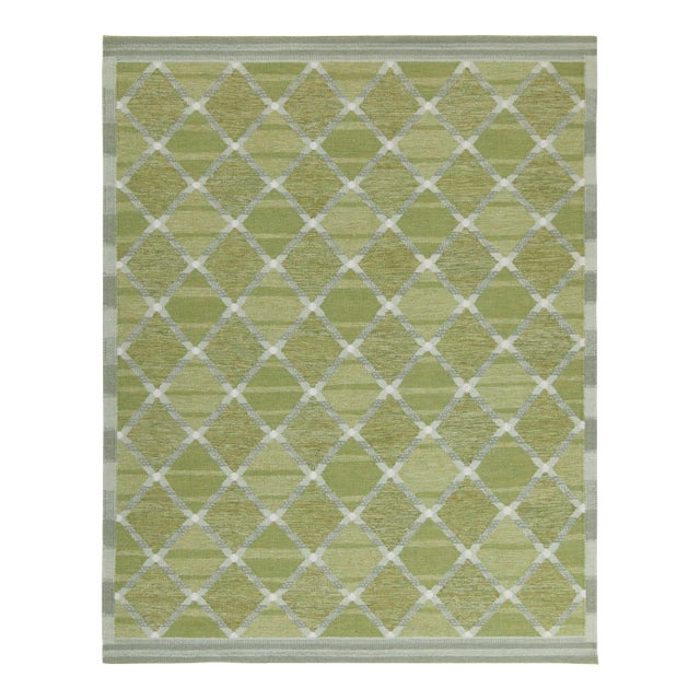 Rug & Kilim’s Scandinavian Style Custom Kilim in Green and Gray Lattice Pattern - 9x12 For Sale