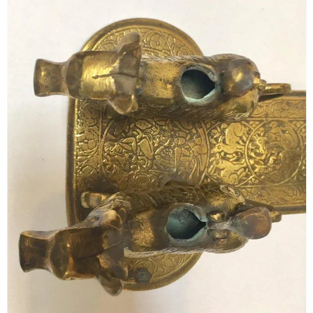 Brass Hindu Temple Oil Lamps Figures a Two Cows and Holly Man Standing For Sale - Image 4 of 13