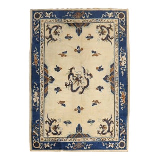 Zabihi Collection Ivory Antique Chinese Dragon Rug - 7'3" x 9'7" For Sale