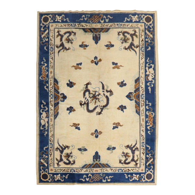 Zabihi Collection Ivory Antique Chinese Dragon Rug - 7'3" x 9'7" For Sale