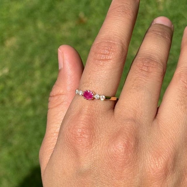 Contemporary Ruby and Diamond Five-Stone Engagement Band Size 4 in 14k Solid Gold For Sale - Image 3 of 16