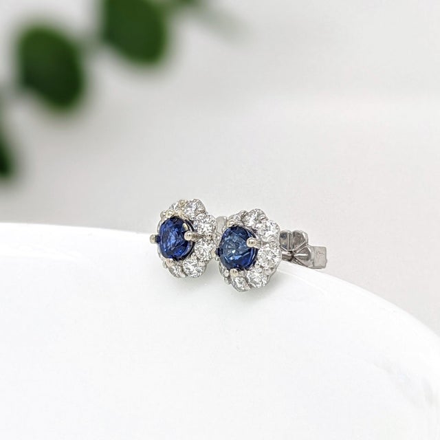 Blue Sapphire Stud Earrings With Natural Diamonds: Solid 14k Gold, Round 4mm, Pair For Sale - Image 4 of 6