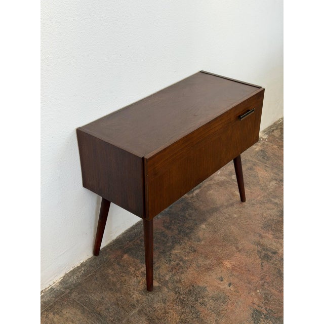 Walnut Entry Console Table With Drop-Down Storage Compartment Vintage Mid-Century Modern 1960s For Sale - Image 12 of 13