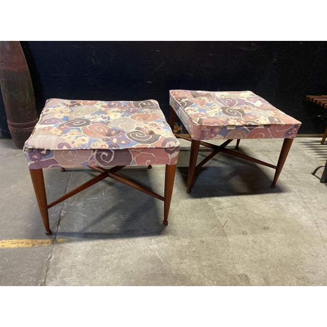 1950s A Pair of Thebes Stools Attributed to Dunbar in Jack Lenor Larsen Samarkand Velvet For Sale - Image 9 of 11