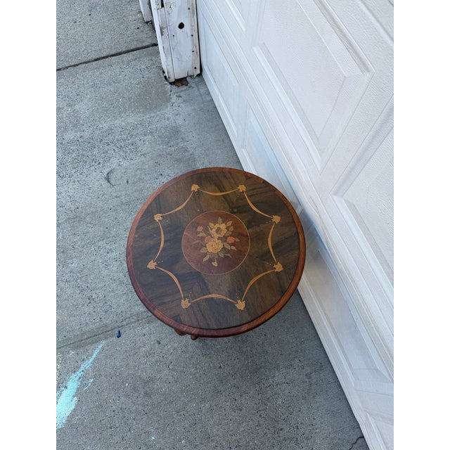Brown Vintage French Louis XV Style Round Marquetry Side Table With Floral Inlay & Lower Shelf For Sale - Image 8 of 12