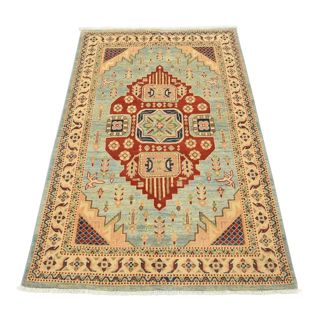 Kazak Rug 4′ X 5’11” Blue Wool Tribal Hand-Knotted Oriental Carpet For Sale