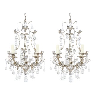 Italian Silver-Leafed Iron and Crystal Chandeliers-A Pair For Sale