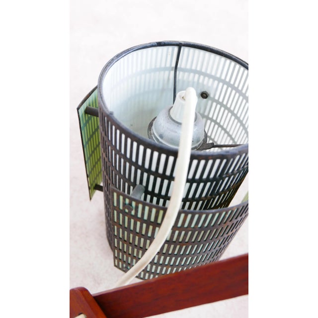 Teak and Metal Triangle Ceiling Lamp with Colored Cylinders, 1970s For Sale - Image 4 of 10