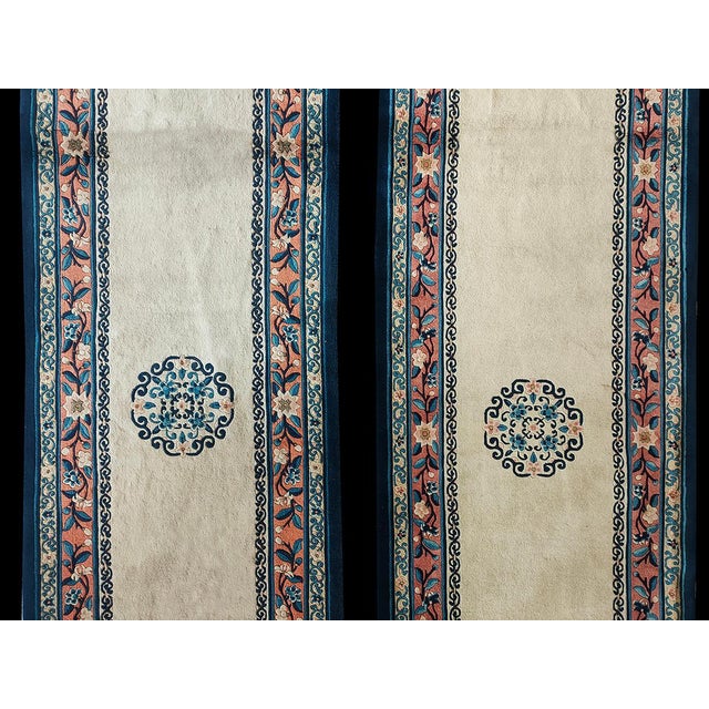 1980s Beige Medallion Vintage Pair of Chinese Peking Rugs 2'7" X 21'2" Handknotted Wool Carpets For Sale In New York - Image 6 of 9