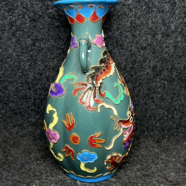 Vintage Chinese Cloisonné Vase With Dragon Motif and Handles - Turquoise Ground For Sale - Image 4 of 9