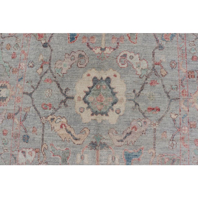 Modern All-Over Floral Oushak With a Light Blue-Gray Background and Multi-Color Rug For Sale - Image 10 of 13