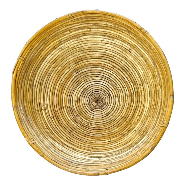 Late 20th Century Vintage Large Size Woven Pencil Reed Bamboo Basket Bowl For Sale