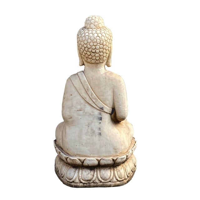 1990s Chinese Oriental Distressed White Marble Stone Carved Sitting Buddha For Sale - Image 5 of 7