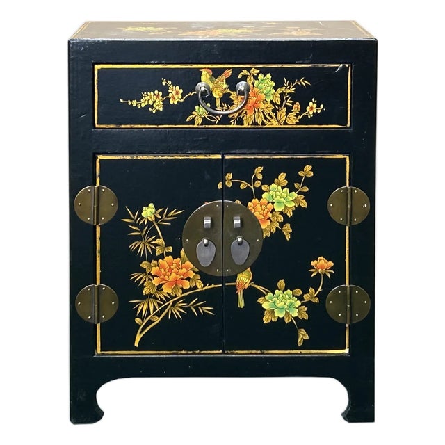 Chinese Black Vinyl Moon Face Flower Birds End Table Nightstand For Sale