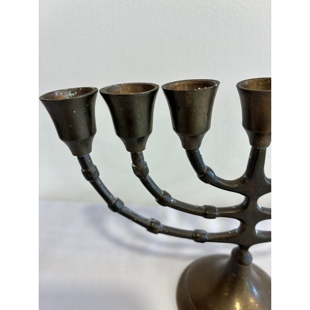Vintage Solid Brass Seven-Branch Menorah Candelabra For Sale - Image 4 of 9
