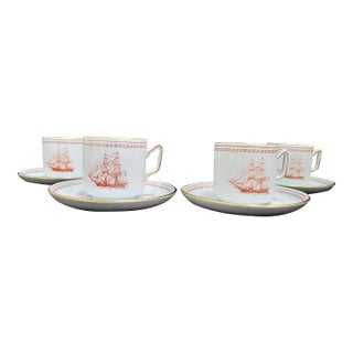 Early 20th Century Spode Copeland Red Trade Winds Eliza Brig Built 1820 Demitasse Cup & Saucer - Set of 4 For Sale