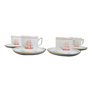 Early 20th Century Spode Copeland Red Trade Winds Eliza Brig Built 1820 Demitasse Cup & Saucer - Set of 4