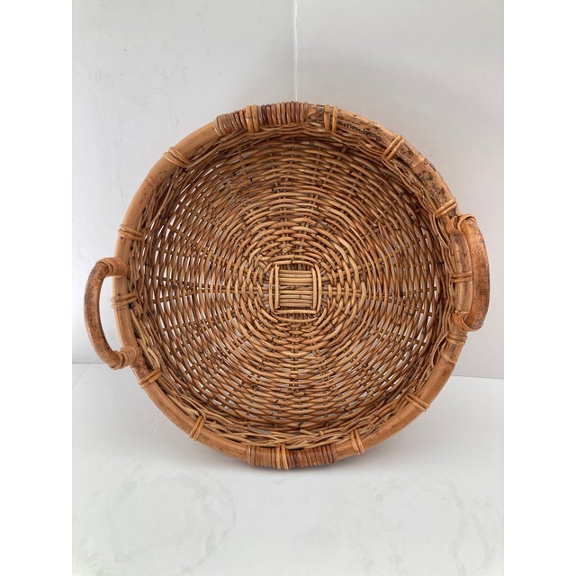 Boho Chic Round Wicker Tray With Bamboo Handles For Sale - Image 3 of 9
