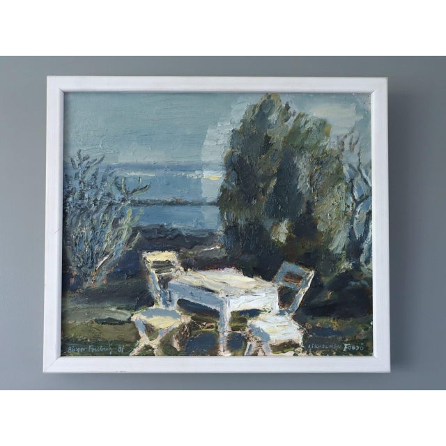 GARDEN BY THE WATER Size: 11.2 x 13 inches (including frame) Oil on board A small yet very effective charming landscape...