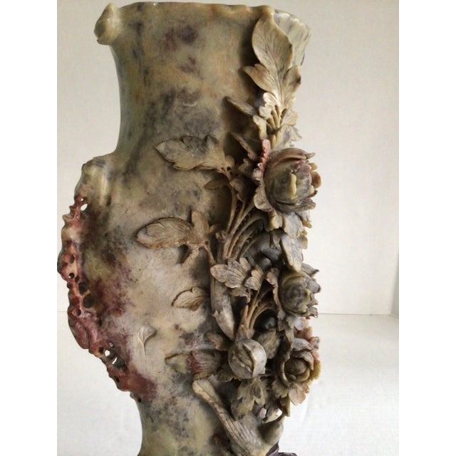 1920s Chinese Soapstone Hand Carved Floral & Bird Vase For Sale - Image 10 of 11