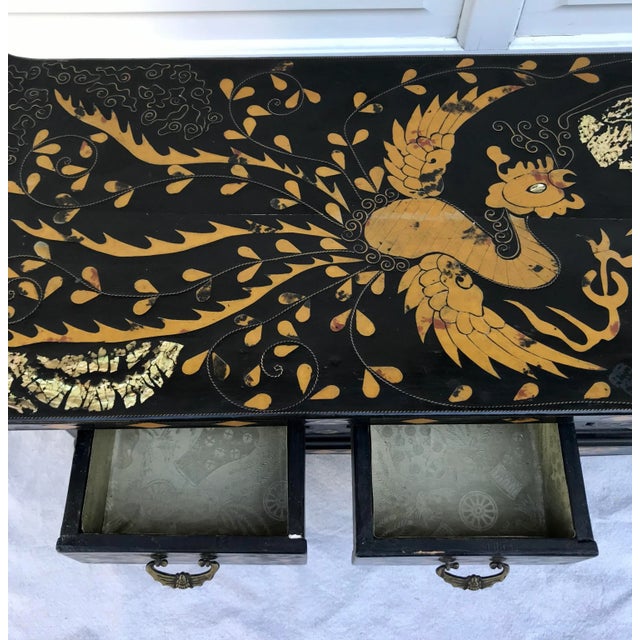 Lacquered Asian Stone and Mother of Pearl Inlay Altar Cabinet For Sale - Image 9 of 13