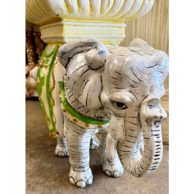 Vintage, Palm Beach residence yard sale Italian Majolica elephant shaped plant stand, garden stool. Made in Italy.