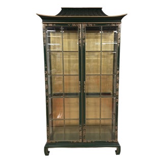 Pagoda Top Chinoiserie Display Cabinet in Green Lacquer From Union National For Sale