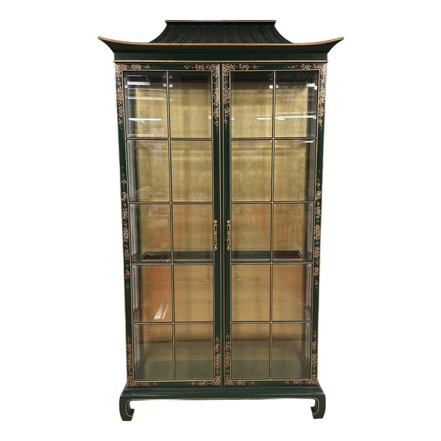 Pagoda Top Chinoiserie Display Cabinet in Green Lacquer From Union National For Sale