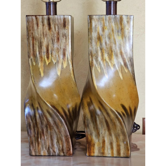Animal Skin Mid-Century Modern Style Twisted Wood Look Table Lamps With Suede Lamp Shades - a Pair For Sale - Image 7 of 12