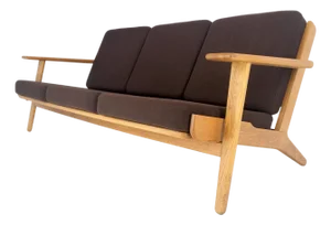 Solid Oak Frame Brown Upholstery MCM Style 3 Seat Sofa