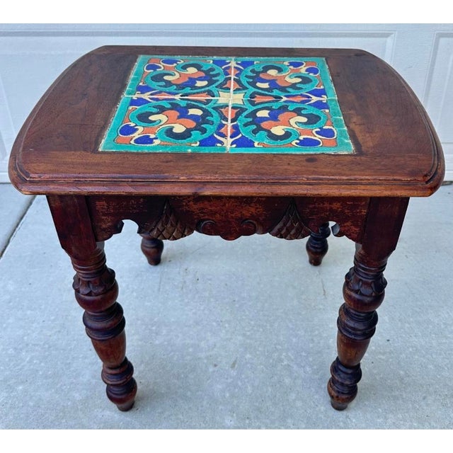 Brown 1930s Catalina Tile‑Inset Side Table, 4 Tile No. 255 — Spanish Revival / Mission Style For Sale - Image 8 of 12