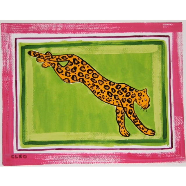 Cleo Plowden Orange Leopard Folk Art Americana Green Border Expressionist Original Painting by Cleo Plowden For Sale - Image 4 of 6