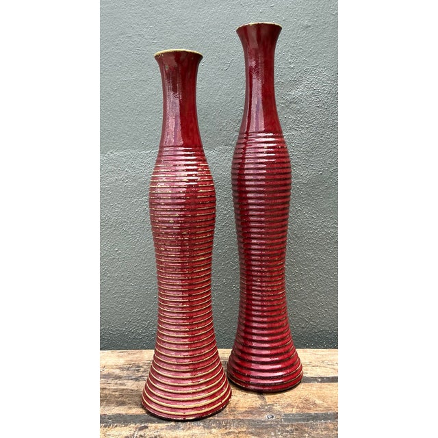 Oxblood Red Vintage Pair of Ribbed Tall Vases For Sale - Image 8 of 12