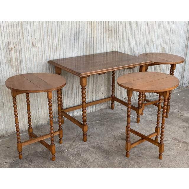 1900 - 1909 20th Spanish Walnut Nesting and Folding Tables With Turned Legs - 4 Pieces For Sale - Image 5 of 13