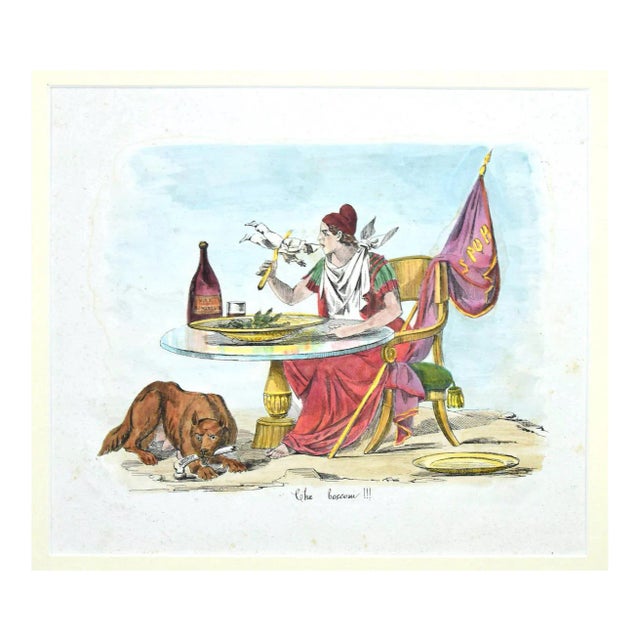 Unknown, Satirical Scene, Lithograph Hand Watercolor, 19th Century For Sale
