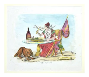 Unknown, Satirical Scene, Lithograph Hand Watercolor, 19th Century