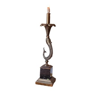 Vintage Table Lamp with Bronze Dolphin on Black Marble Base, 1950 For Sale