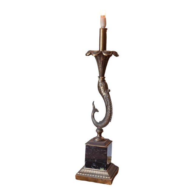 Vintage Table Lamp with Bronze Dolphin on Black Marble Base, 1950 For Sale