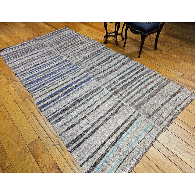 Light Gray Vintage Turkish Kilim Rug, Handwoven Wool, Earth Tones Stripe Pattern, 6x10 For Sale - Image 8 of 9