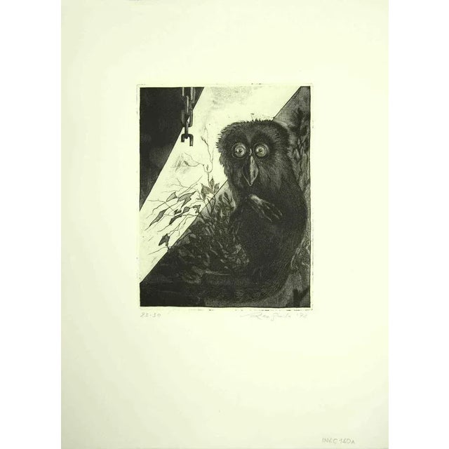 The owl is an original etching print realized by Leo Guida in 1972. From the edition of 30 prints. Good condition. Leo...
