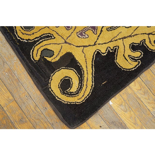 Early 20th Century 1920s Ivory Brown Floral Folk Art Antique American Hooked Rug 3'8" X 4'0" Handknotted Wool Carpet For Sale - Image 5 of 5