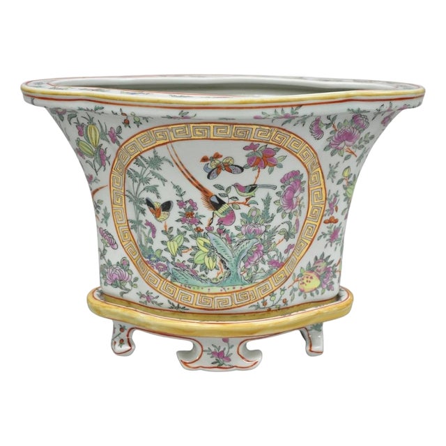 Vintage Chinese Export Porcelain Bird Painted Cachepot Flower Pot Vase For Sale