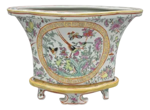 Vintage Chinese Export Porcelain Bird Painted Cachepot Flower Pot Vase