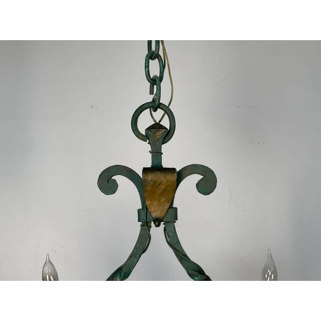 Metal Wrought Iron Industrial Green Painted Chandelier, Circa 1930s For Sale - Image 7 of 11