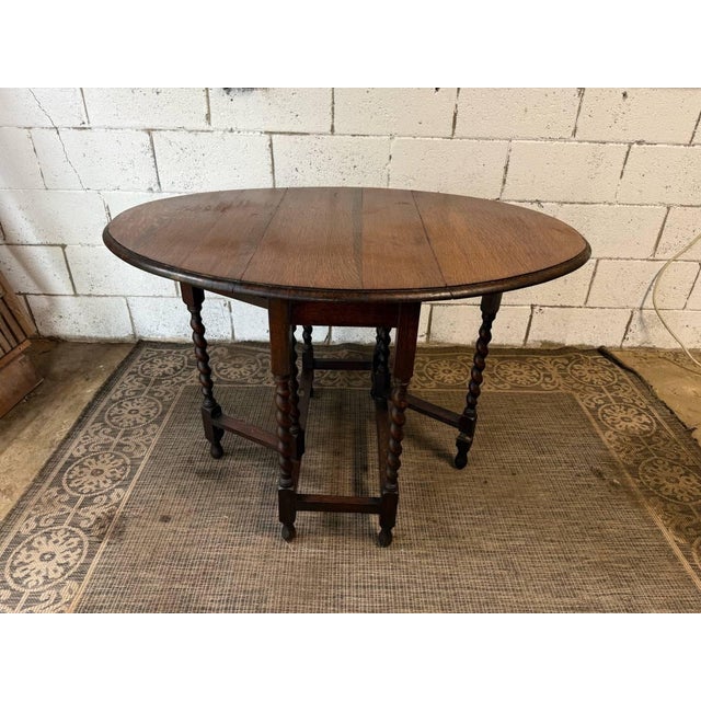 Wood Antique English Barley Twist Style Oak Drop Leaf Gate Leg Dining Table For Sale - Image 7 of 16