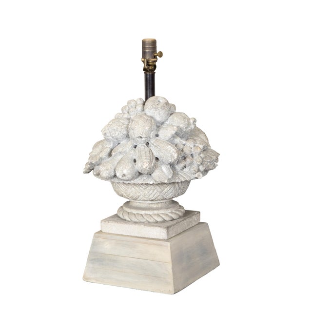 French French 1940s Carved Stone Table Lamp Depicting a Fruit Bowl on Pedestal For Sale - Image 3 of 10